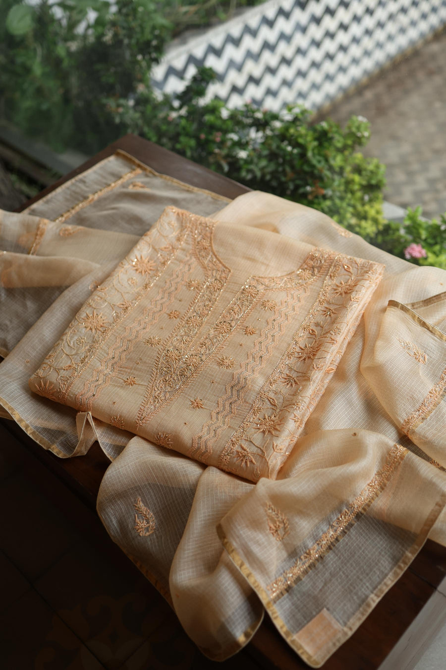 Peach Rasm Kota Tussar Chikankari Unstitched Chikankari Fabric