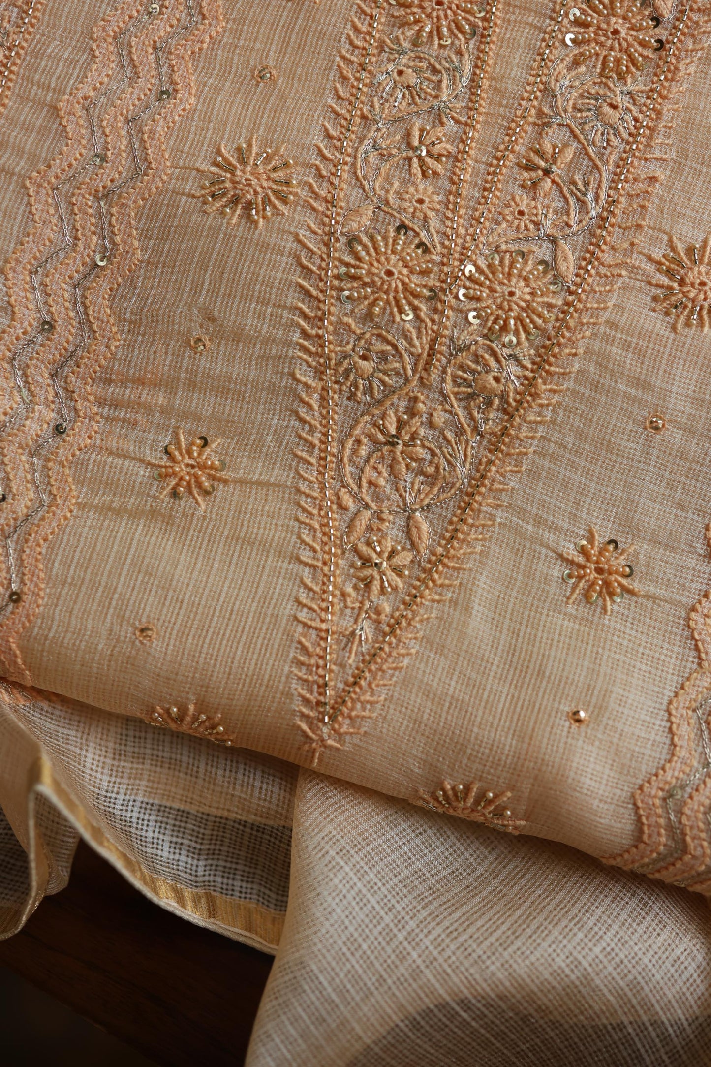 Peach Rasm Kota Tussar Chikankari Unstitched Chikankari Fabric