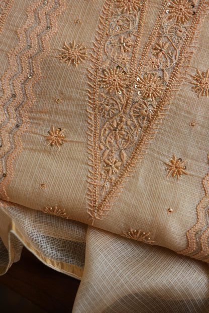 Peach Rasm Kota Tussar Chikankari Unstitched Chikankari Fabric