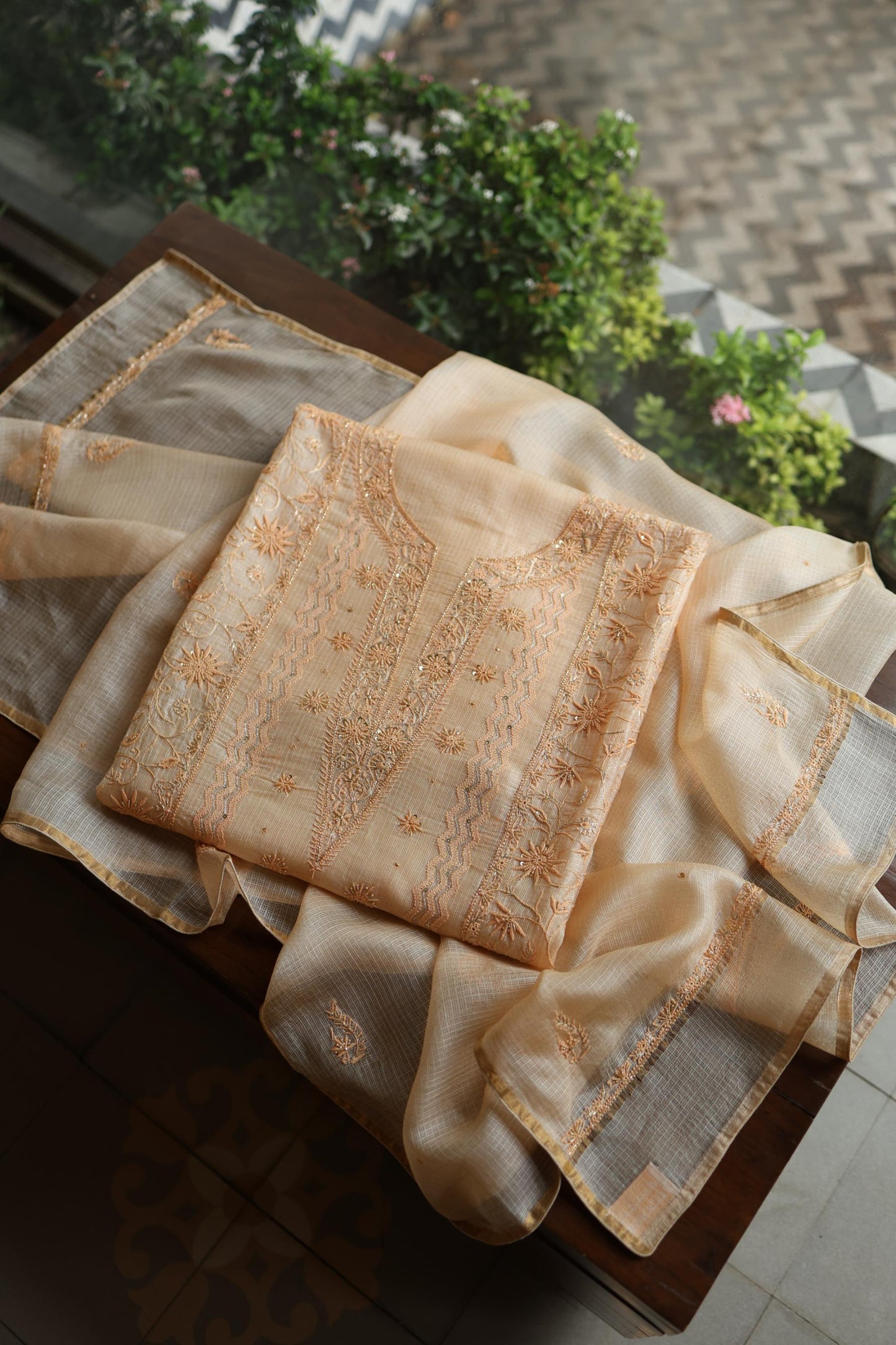 Peach Rasm Kota Tussar Chikankari Unstitched Chikankari Fabric