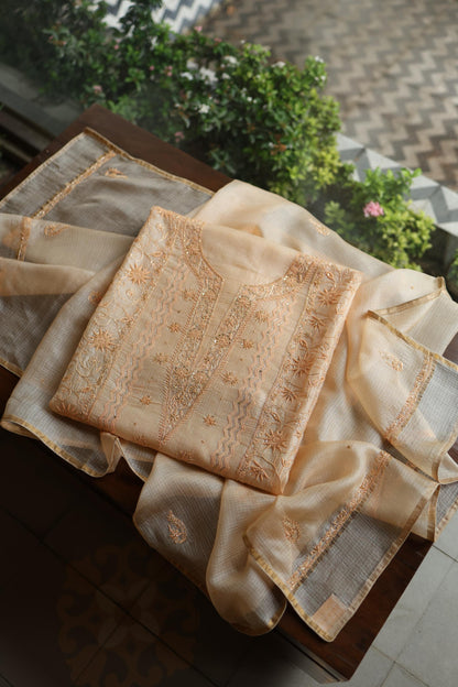 Peach Rasm Kota Tussar Chikankari Unstitched Chikankari Fabric