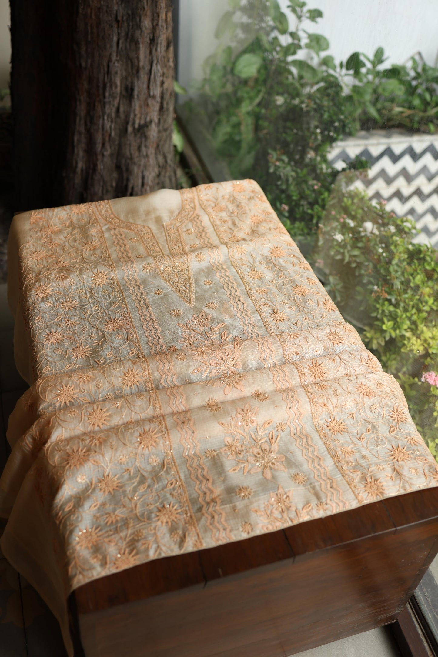 Peach Rasm Kota Tussar Chikankari Unstitched Chikankari Fabric