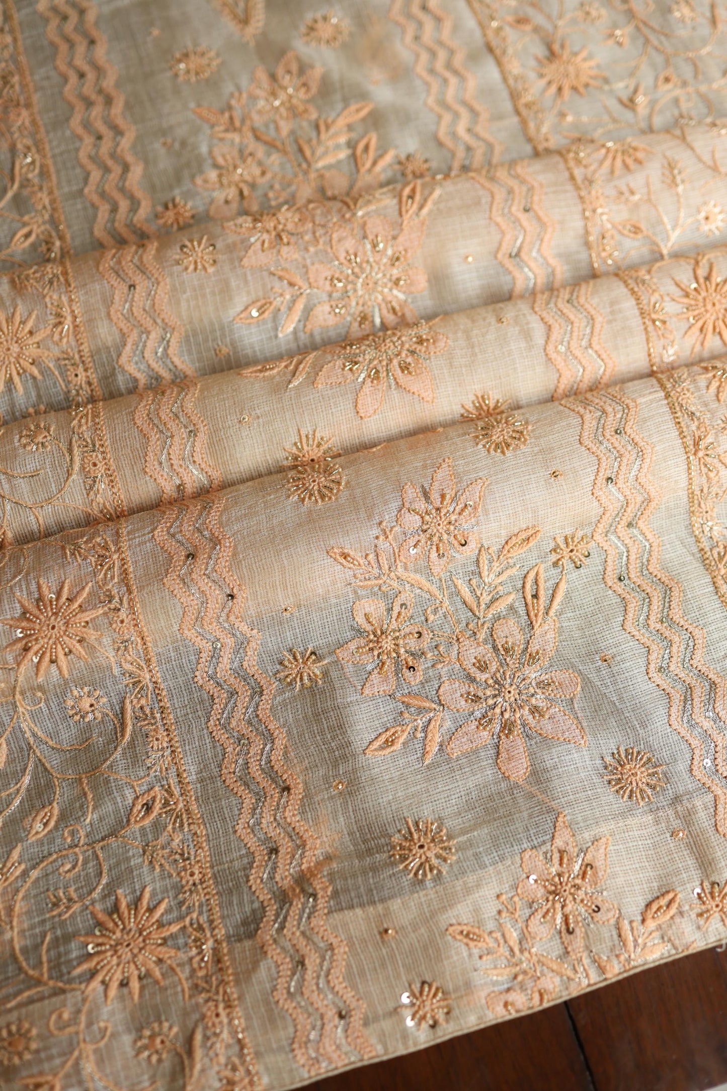 Peach Rasm Kota Tussar Chikankari Unstitched Chikankari Fabric