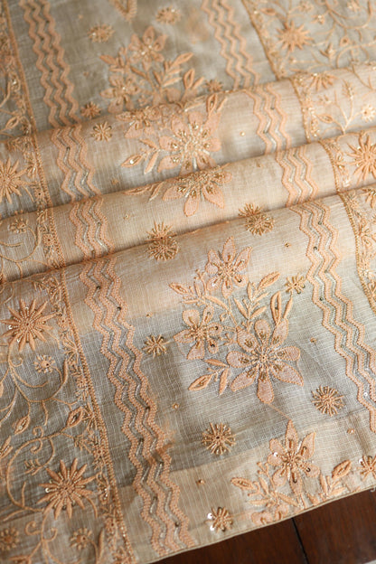 Peach Rasm Kota Tussar Chikankari Unstitched Chikankari Fabric