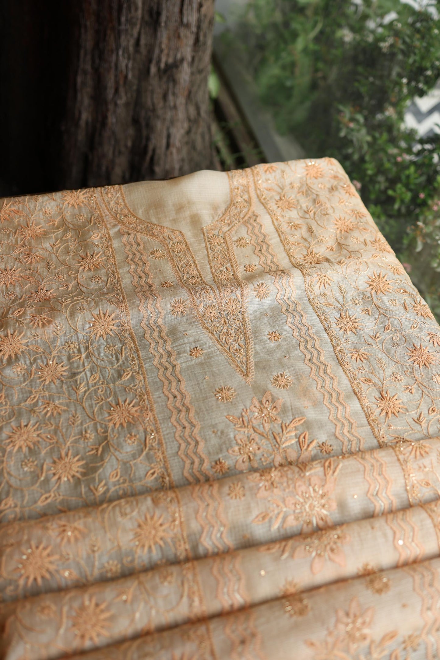 Peach Rasm Kota Tussar Chikankari Unstitched Chikankari Fabric