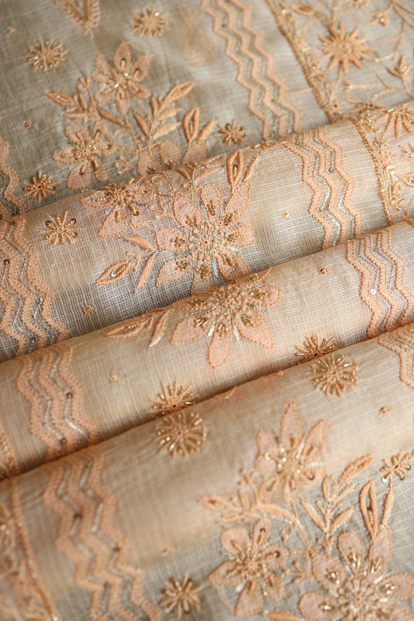 Peach Rasm Kota Tussar Chikankari Unstitched Chikankari Fabric