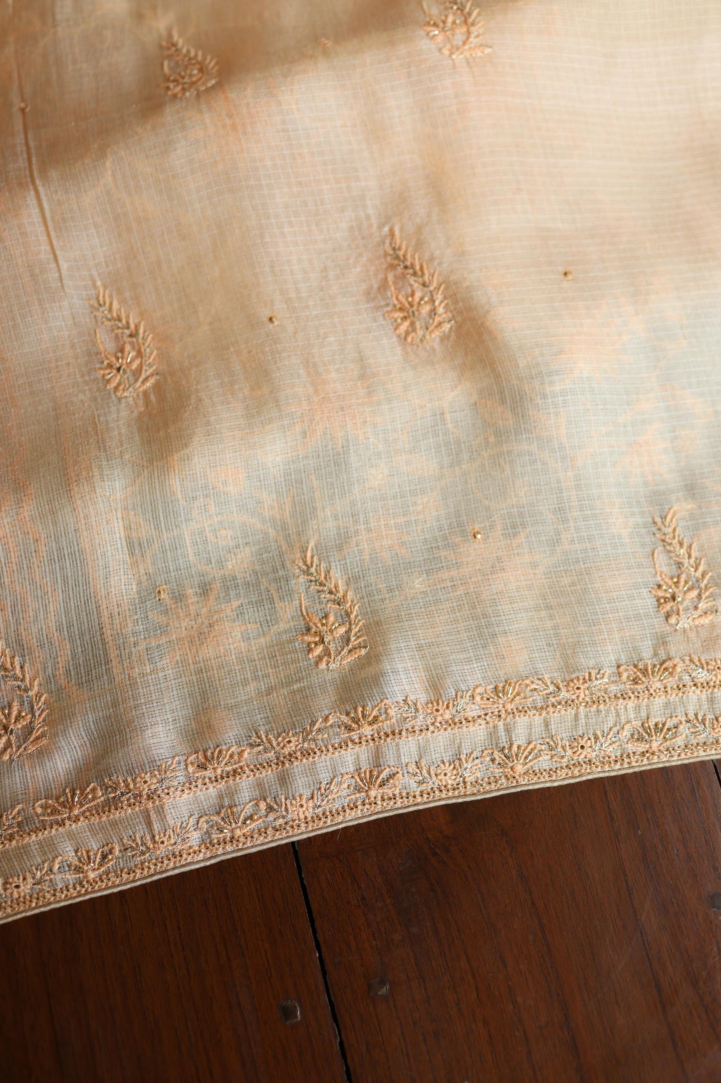 Peach Rasm Kota Tussar Chikankari Unstitched Chikankari Fabric
