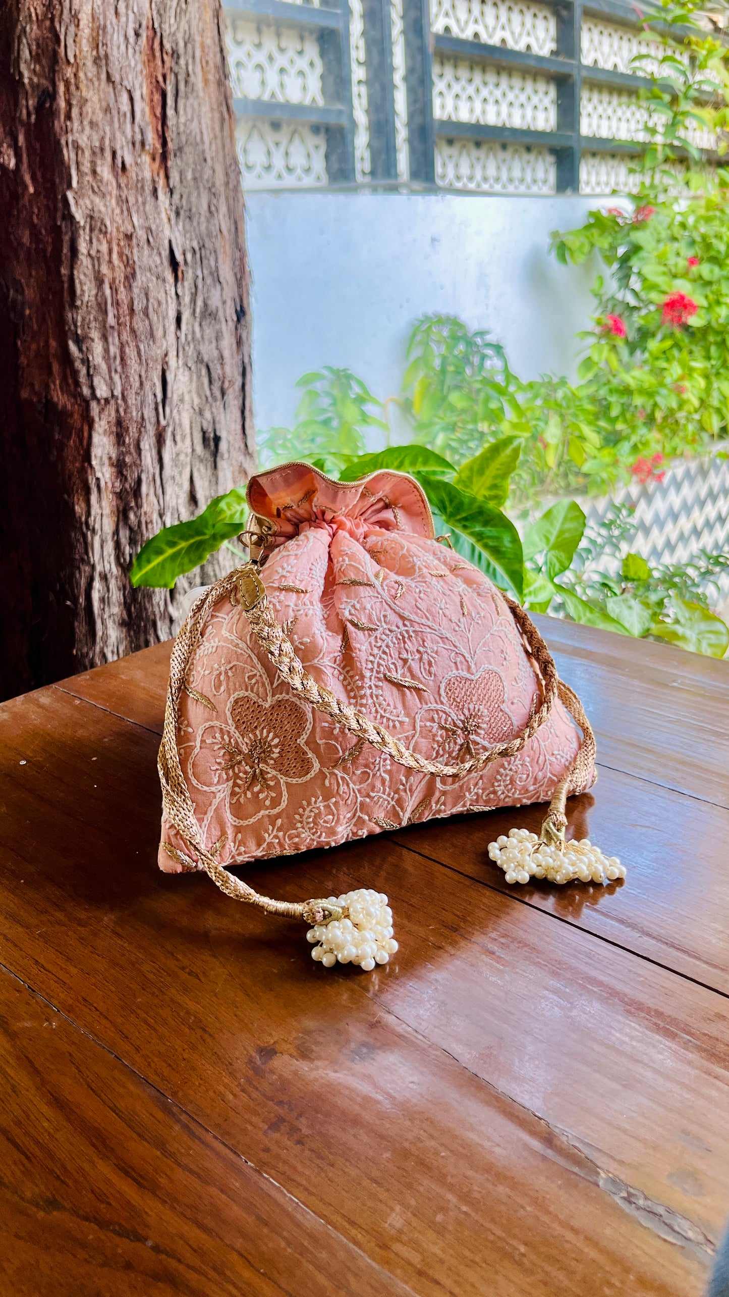 Peach Raw Silk Chikankari Polti Bags