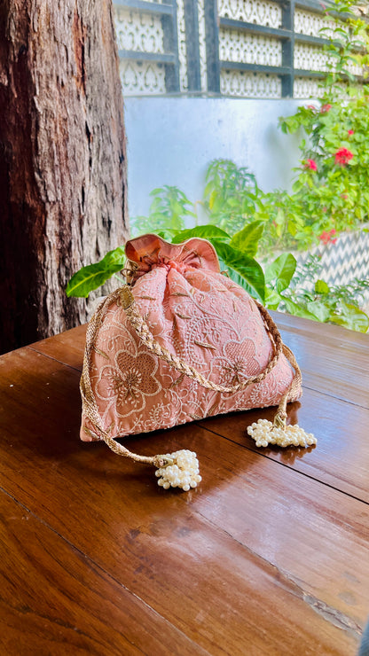 Peach Raw Silk Chikankari Polti Bags