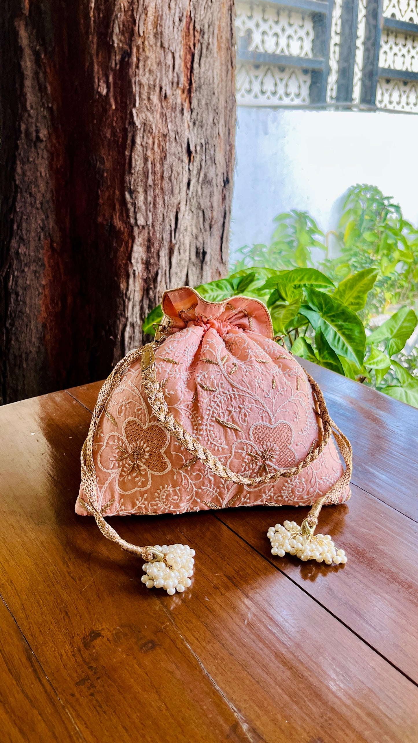 Peach Raw Silk Chikankari Polti Bags