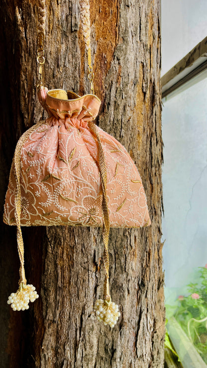 Peach Raw Silk Chikankari Polti Bags