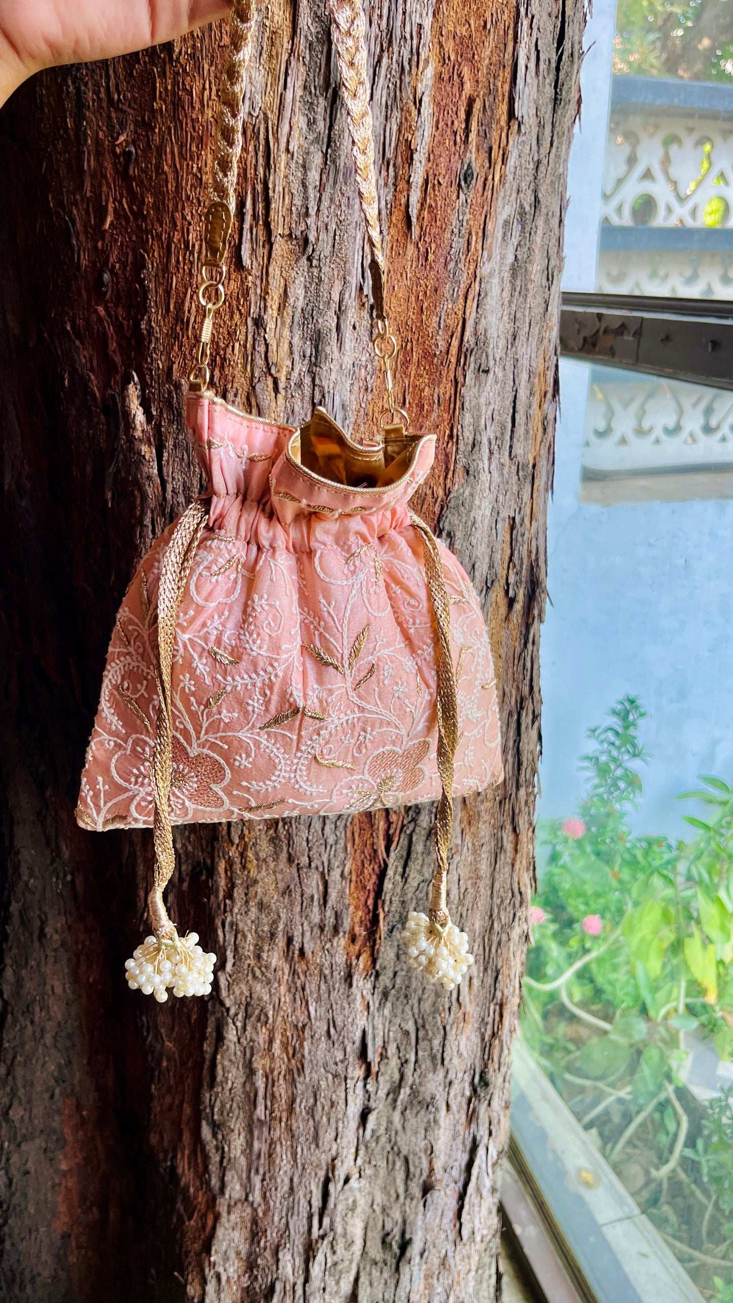 Peach Raw Silk Chikankari Polti Bags