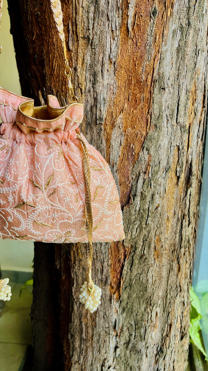 Peach Raw Silk Chikankari Polti Bags
