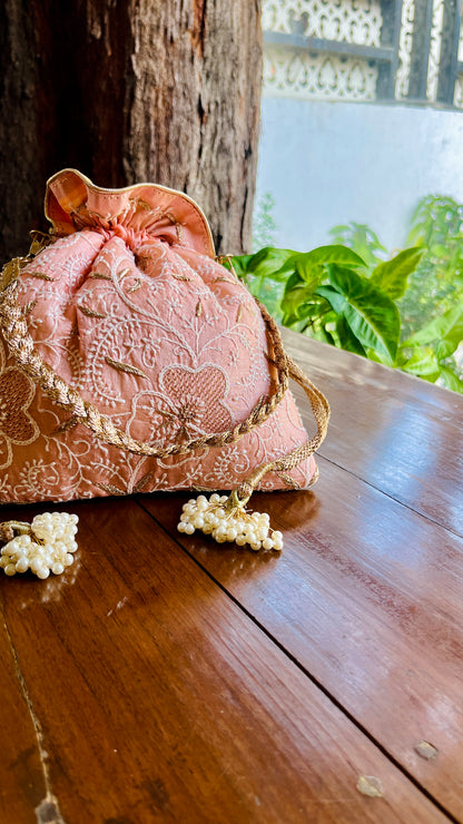 Peach Raw Silk Chikankari Polti Bags