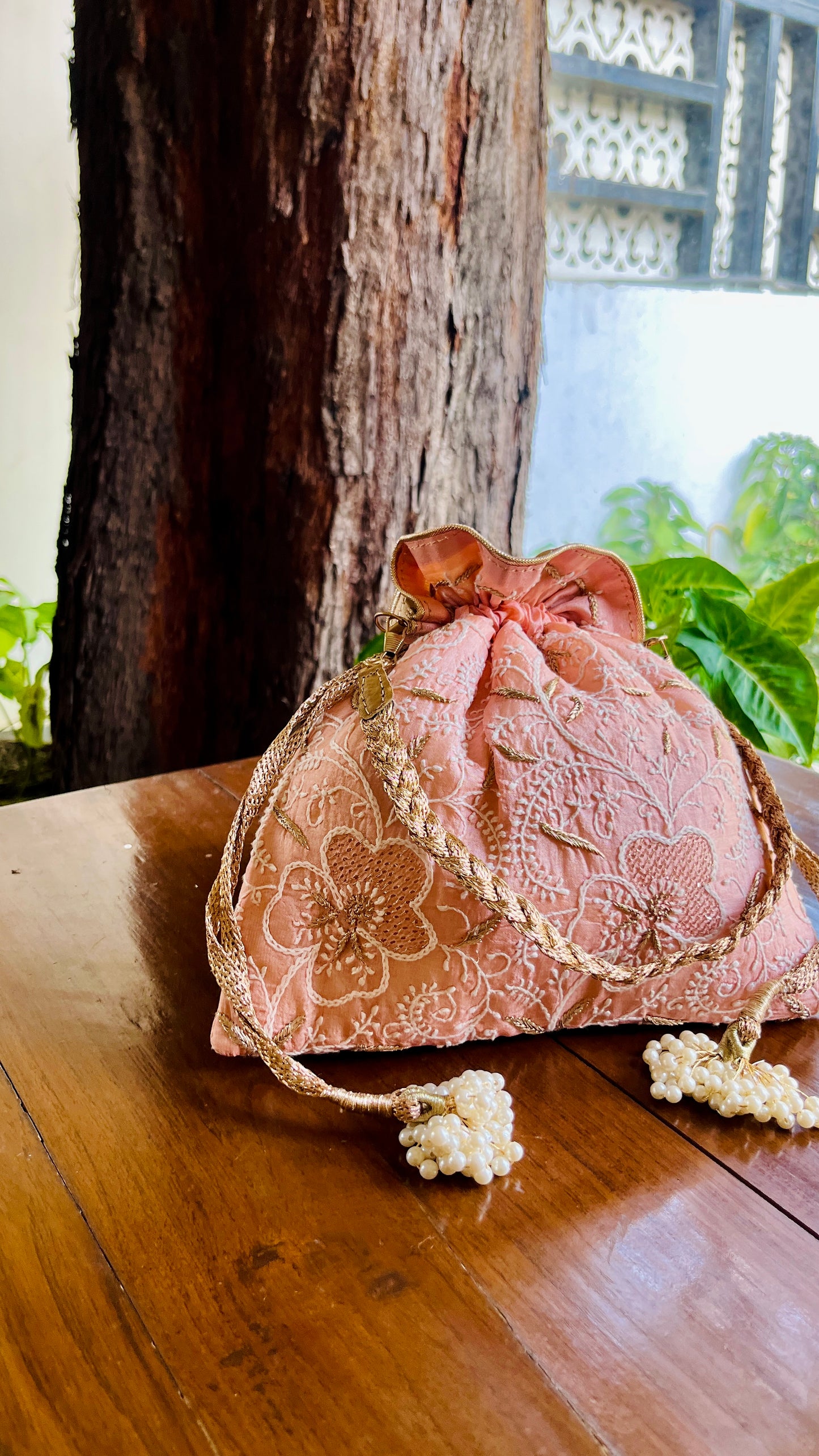 Peach Raw Silk Chikankari Polti Bags