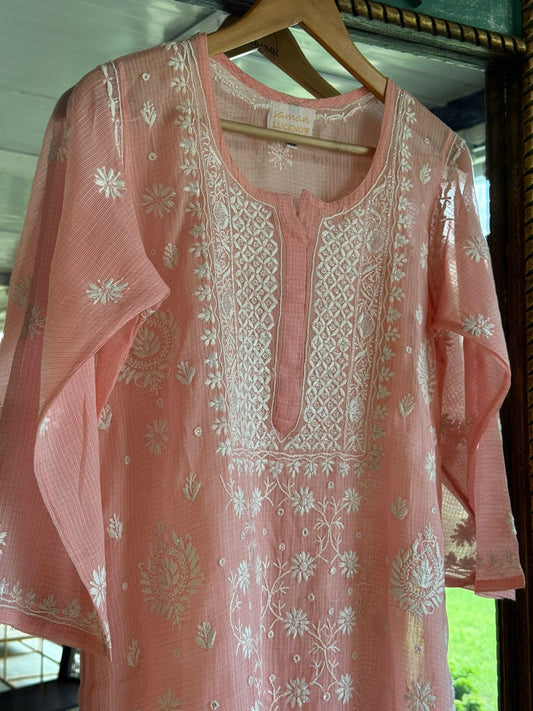 Peach Sequinned Chikankari Kota Kurta