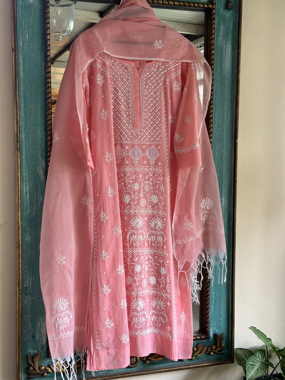 Peach Sequinned Chikankari Kota Kurta & Dupatta Set