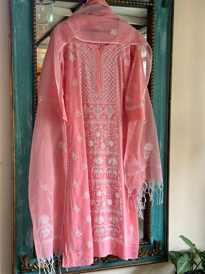 Peach Sequinned Chikankari Kota Kurta & Dupatta Set