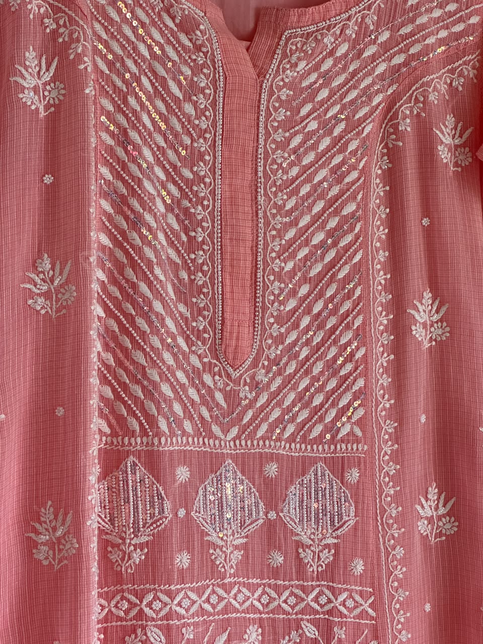 Peach Sequinned Chikankari Kota Kurta & Dupatta Set