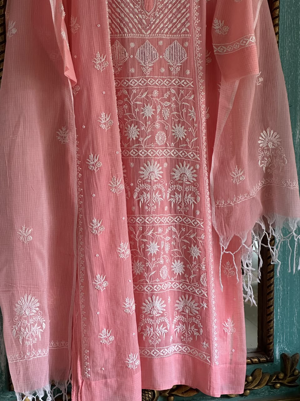 Peach Sequinned Chikankari Kota Kurta & Dupatta Set