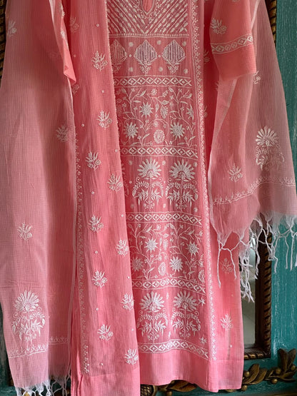 Peach Sequinned Chikankari Kota Kurta & Dupatta Set