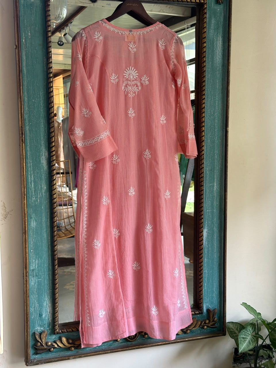 Peach Sequinned Chikankari Kota Kurta & Dupatta Set