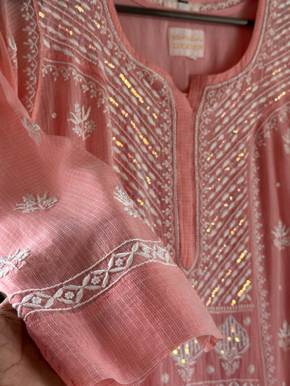 Peach Sequinned Chikankari Kota Kurta & Dupatta Set