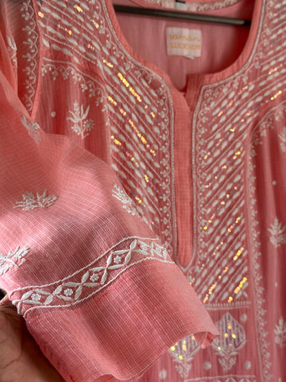 Peach Sequinned Chikankari Kota Kurta & Dupatta Set