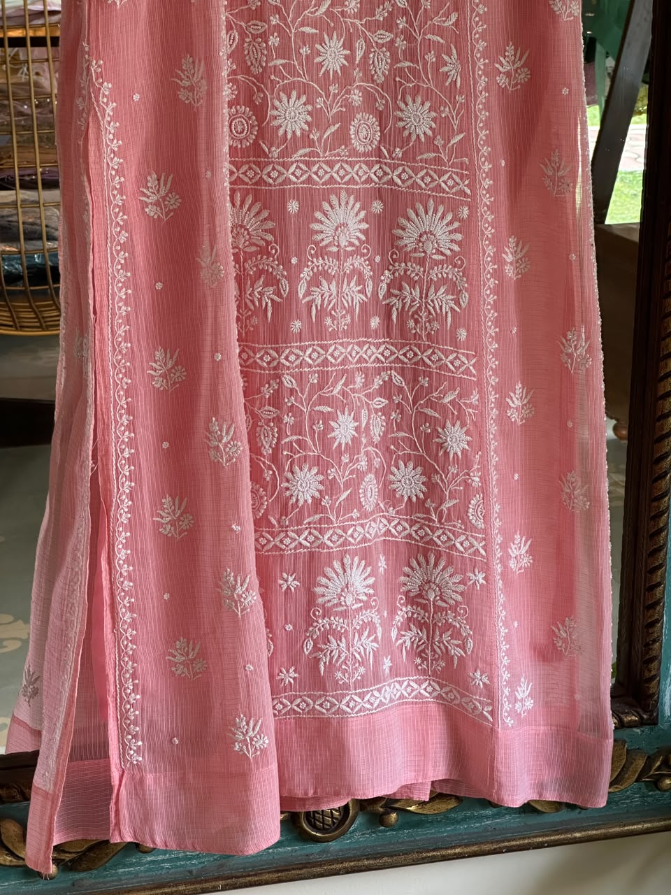 Peach Sequinned Chikankari Kota Kurta & Dupatta Set