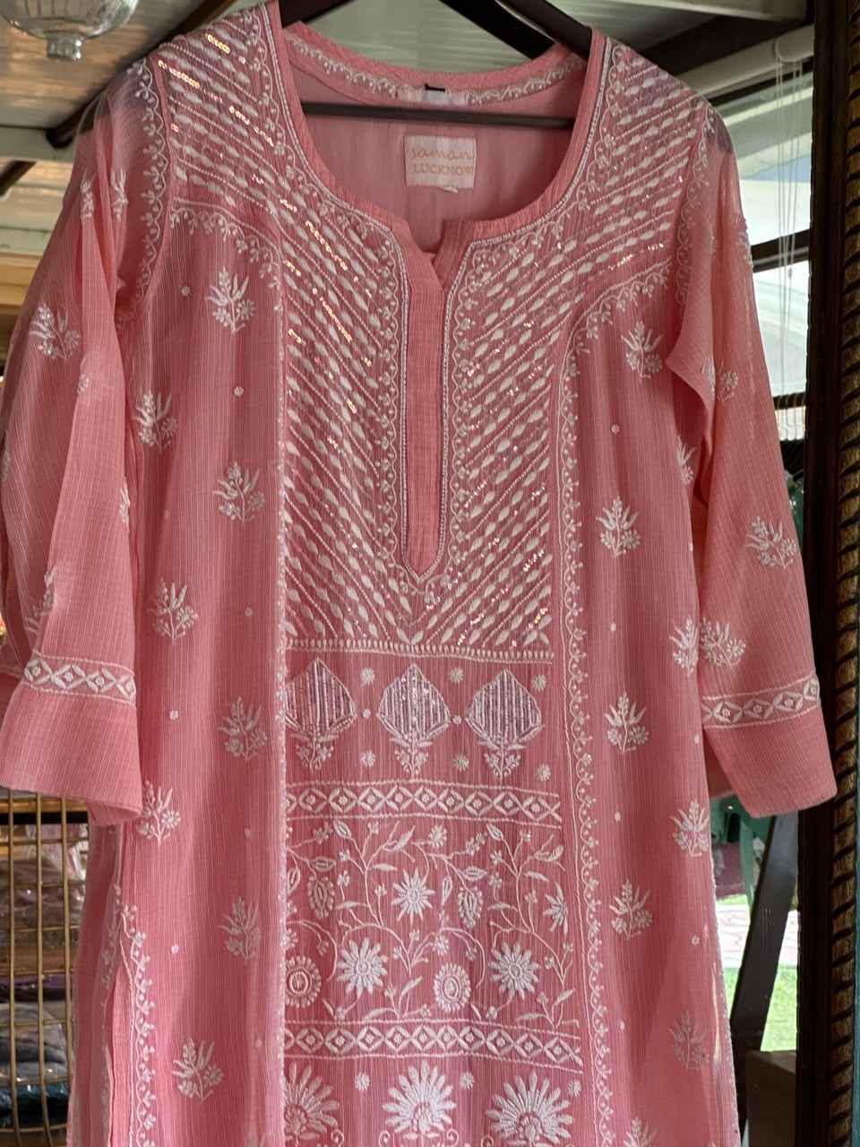 Peach Sequinned Chikankari Kota Kurta & Dupatta Set