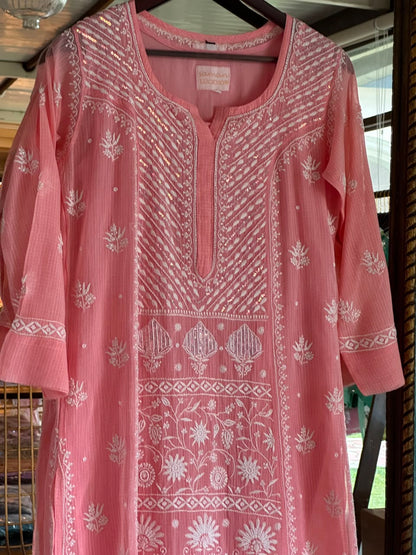 Peach Sequinned Chikankari Kota Kurta & Dupatta Set