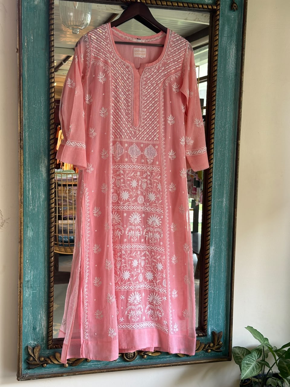 Peach Sequinned Chikankari Kota Kurta & Dupatta Set