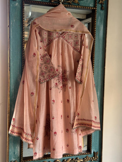 Peach Shade Angi Style Mal Mukaish Kamdani Tux Chikankari Kurta Dupatta Set