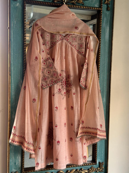 Peach Shade Angi Style Mal Mukaish Kamdani Tux Chikankari Kurta Dupatta Set