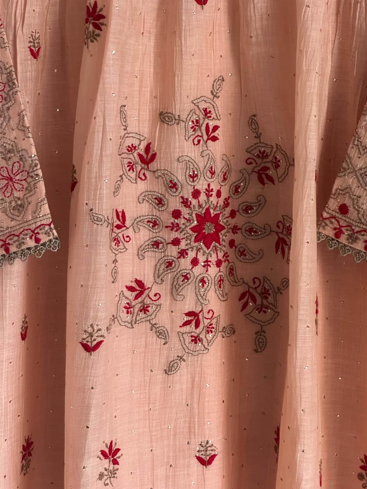 Peach Shade Angi Style Mal Mukaish Kamdani Tux Chikankari Kurta Dupatta Set