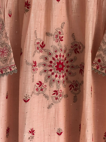 Peach Shade Angi Style Mal Mukaish Kamdani Tux Chikankari Kurta Dupatta Set