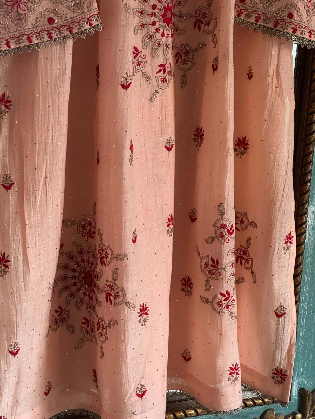 Peach Shade Angi Style Mal Mukaish Kamdani Tux Chikankari Kurta Dupatta Set
