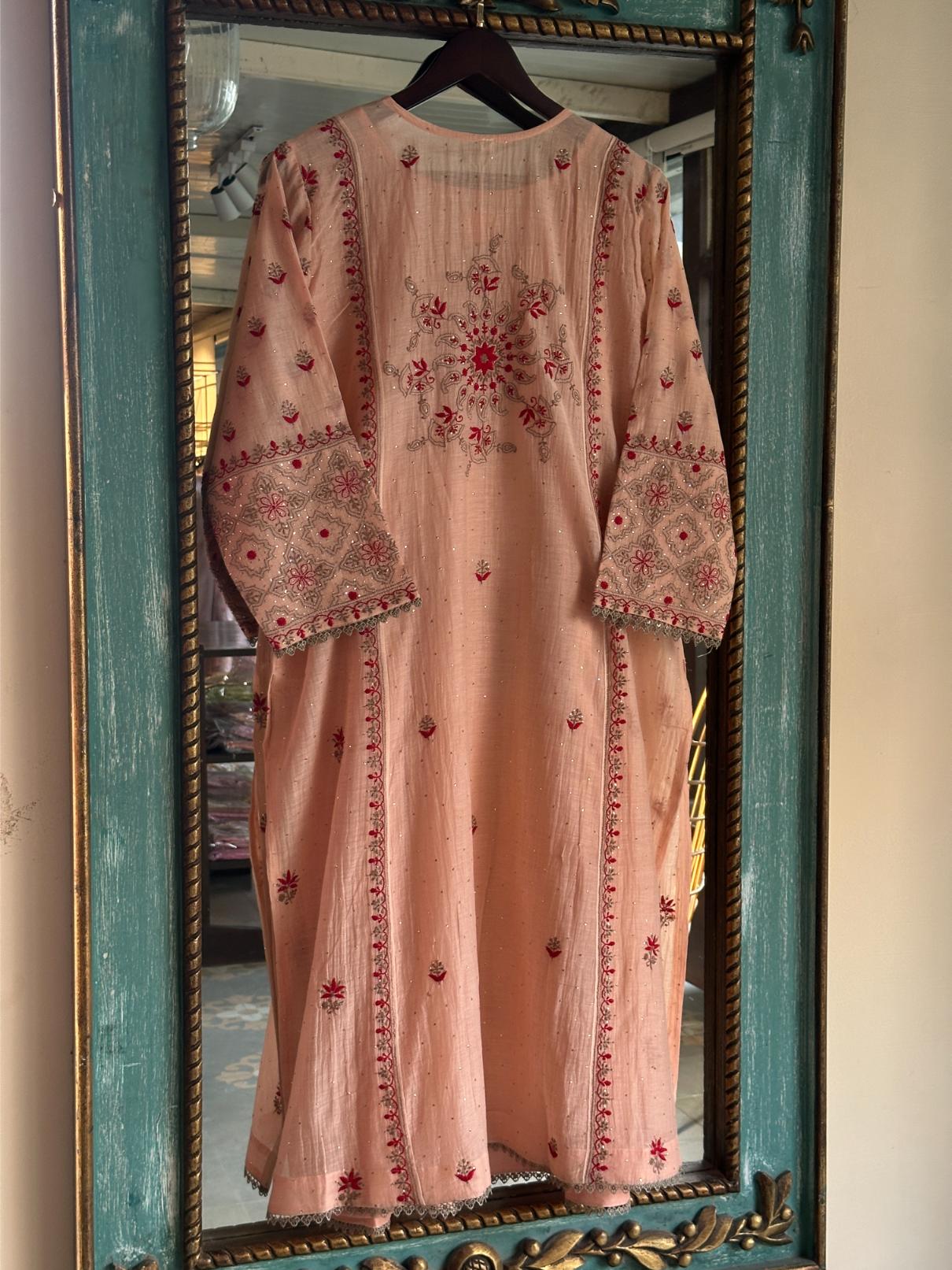 Peach Shade Angi Style Mal Mukaish Kamdani Tux Chikankari Kurta Dupatta Set