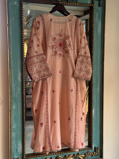 Peach Shade Angi Style Mal Mukaish Kamdani Tux Chikankari Kurta Dupatta Set