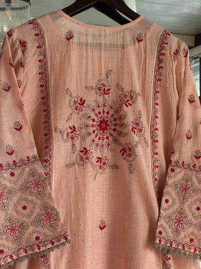 Peach Shade Angi Style Mal Mukaish Kamdani Tux Chikankari Kurta Dupatta Set