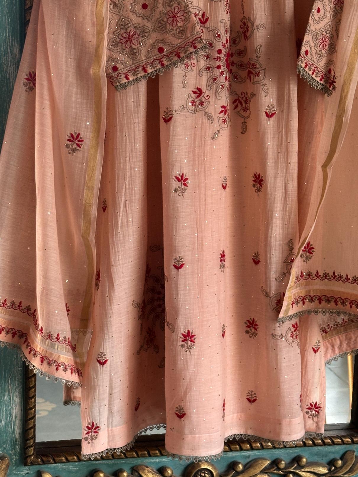 Peach Shade Angi Style Mal Mukaish Kamdani Tux Chikankari Kurta Dupatta Set