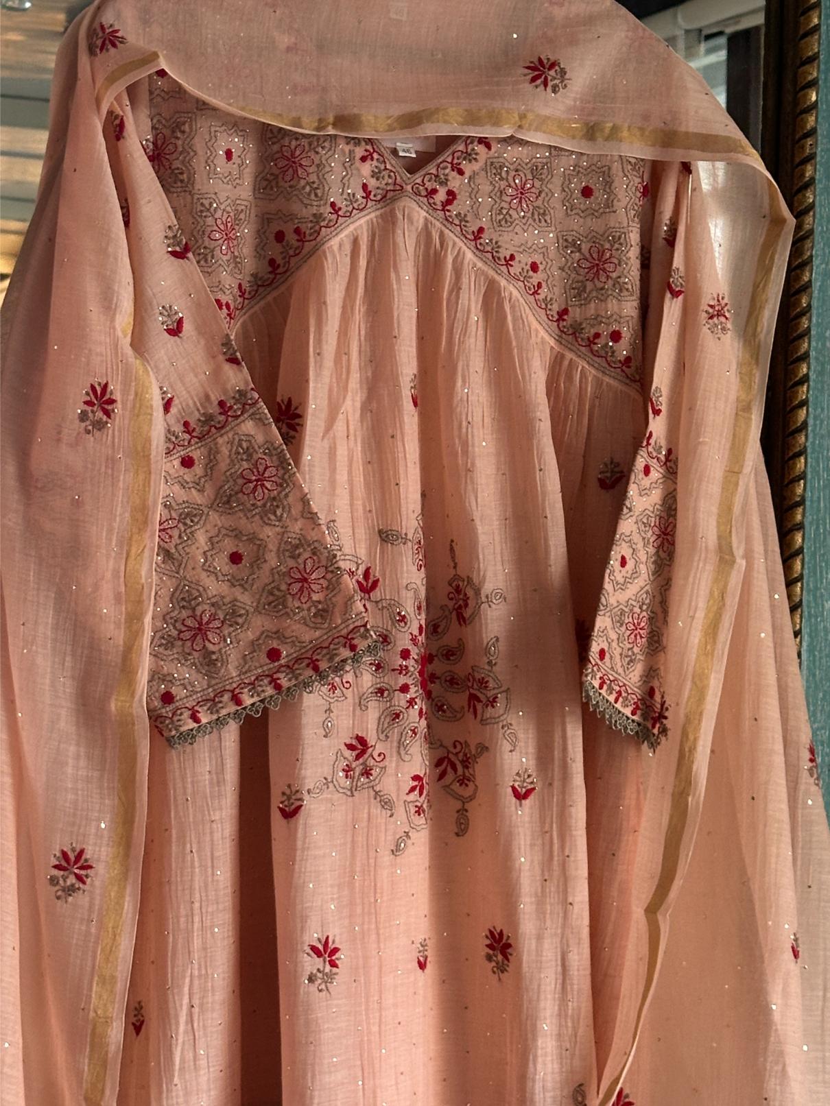 Peach Shade Angi Style Mal Mukaish Kamdani Tux Chikankari Kurta Dupatta Set