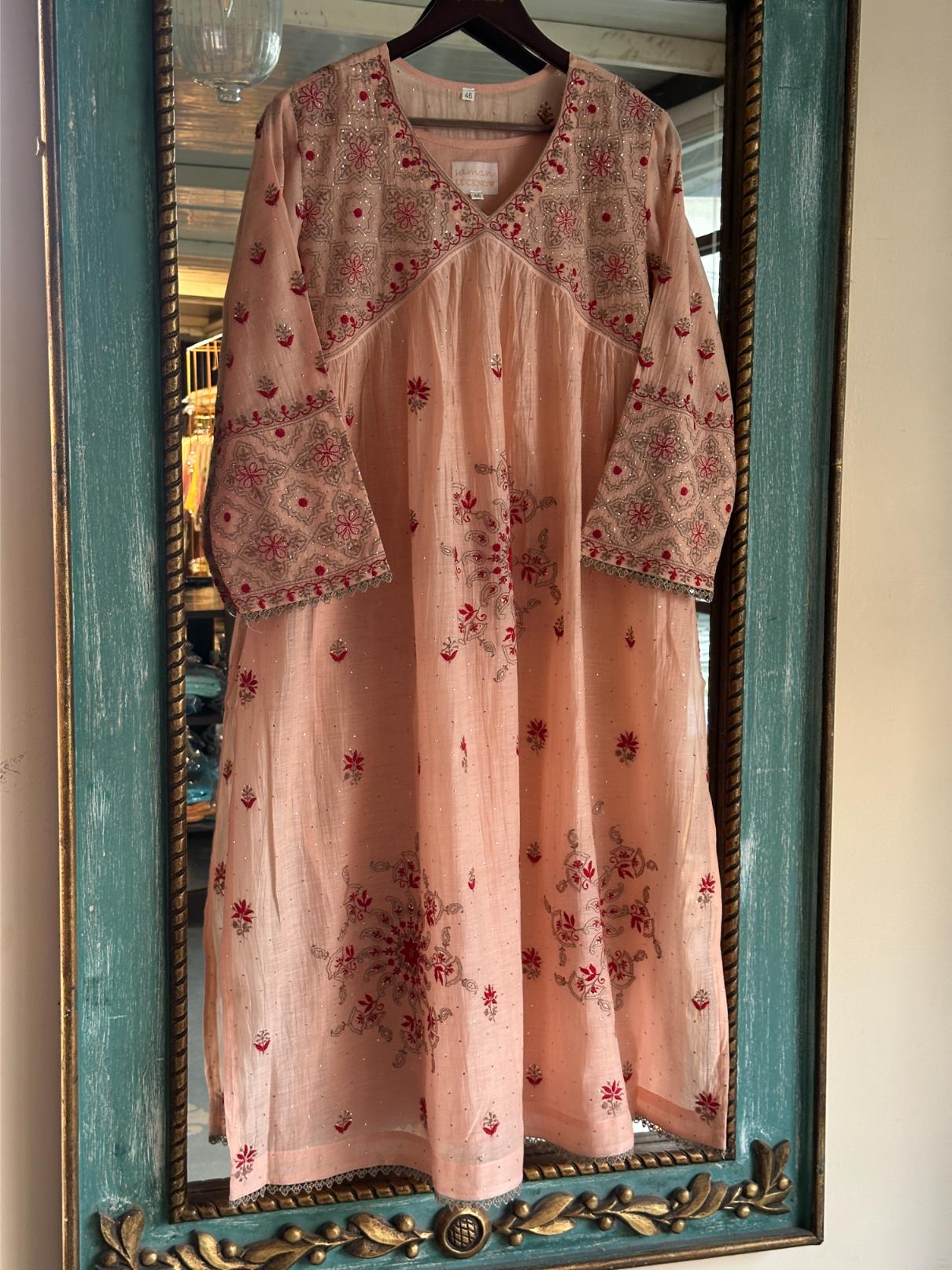Peach Shade Angi Style Mal Mukaish Kamdani Tux Chikankari Kurta Dupatta Set