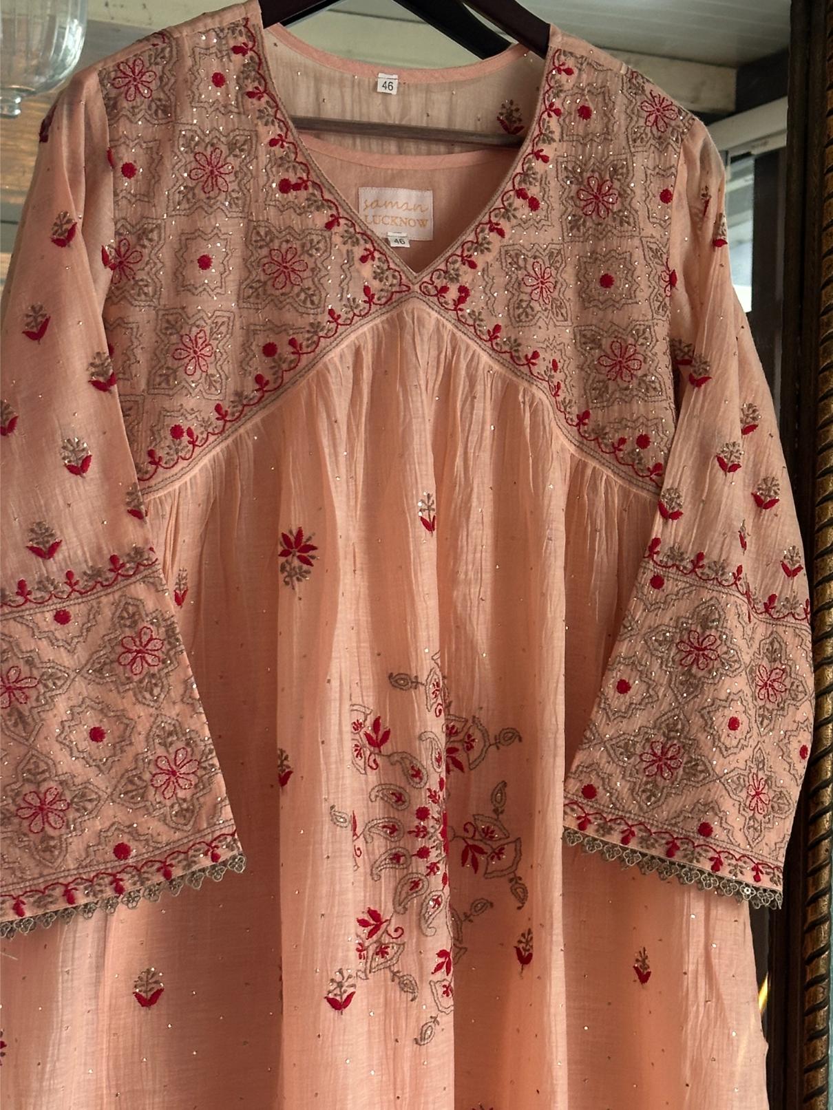 Peach Shade Angi Style Mal Mukaish Kamdani Tux Chikankari Kurta Dupatta Set