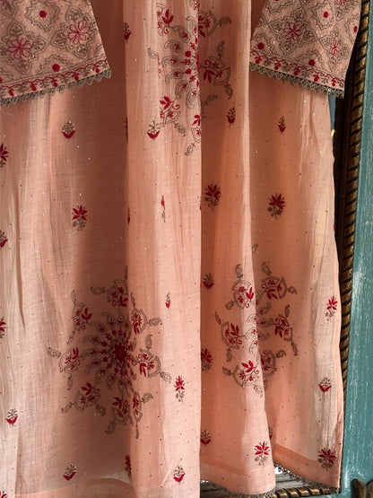 Peach Shade Angi Style Mal Mukaish Kamdani Tux Chikankari Kurta Dupatta Set