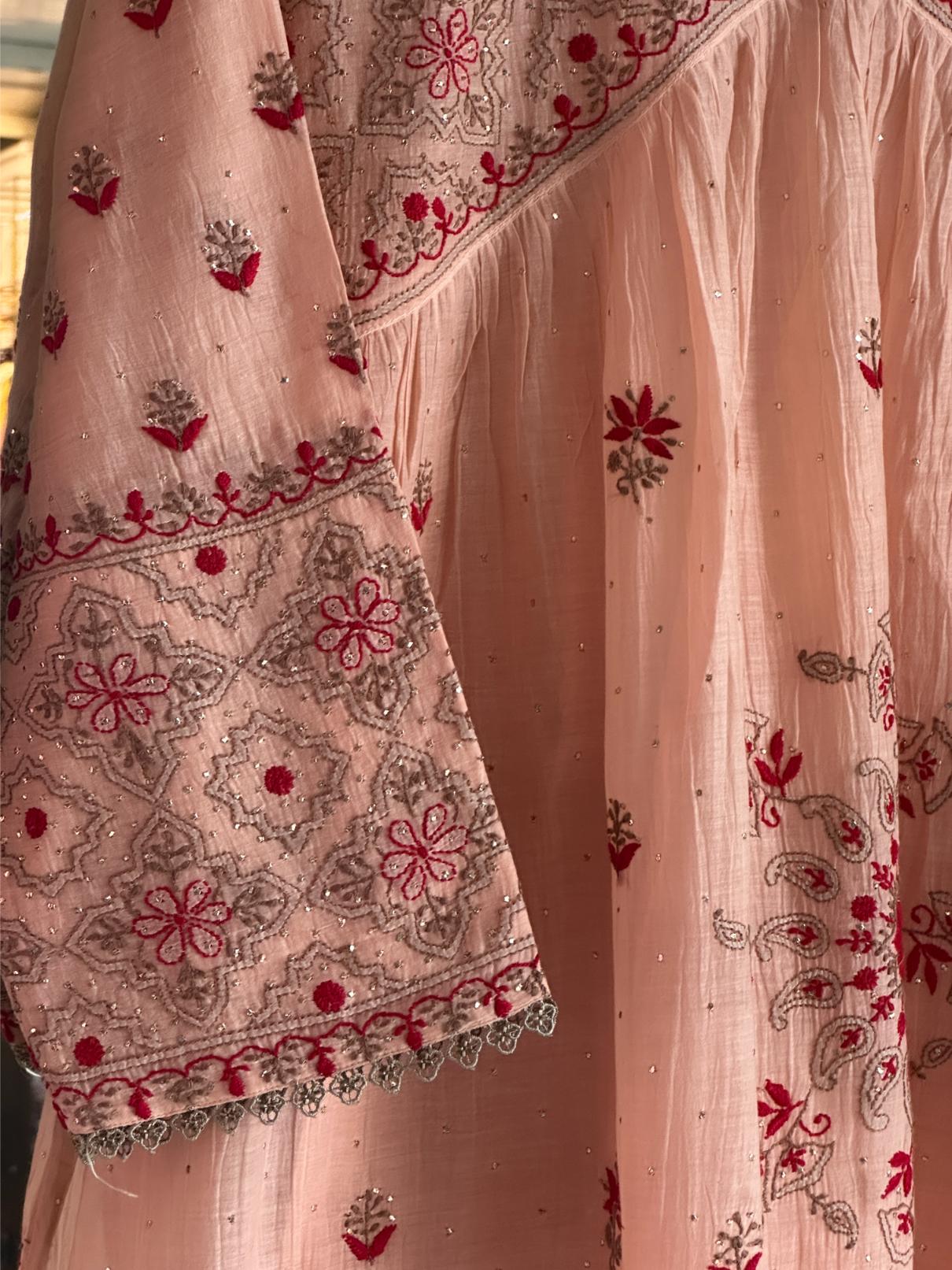 Peach Shade Angi Style Mal Mukaish Kamdani Tux Chikankari Kurta Dupatta Set