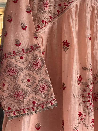 Peach Shade Angi Style Mal Mukaish Kamdani Tux Chikankari Kurta Dupatta Set