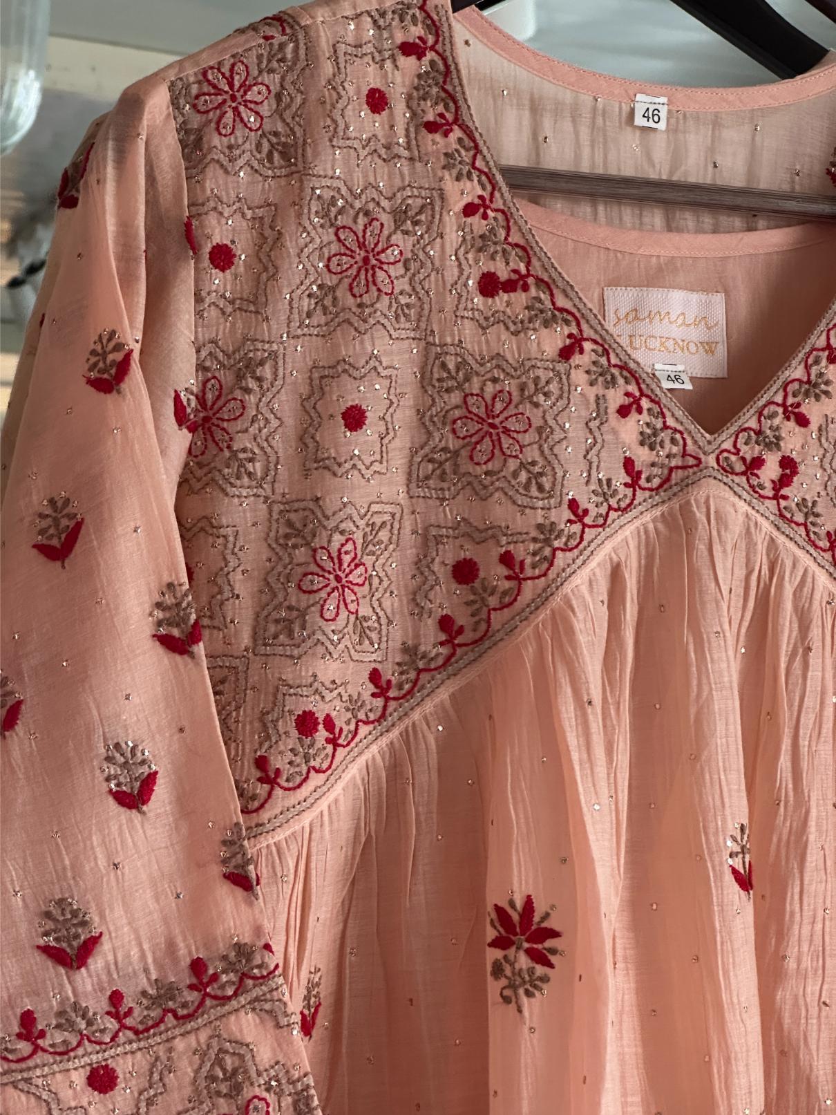 Peach Shade Angi Style Mal Mukaish Kamdani Tux Chikankari Kurta Dupatta Set