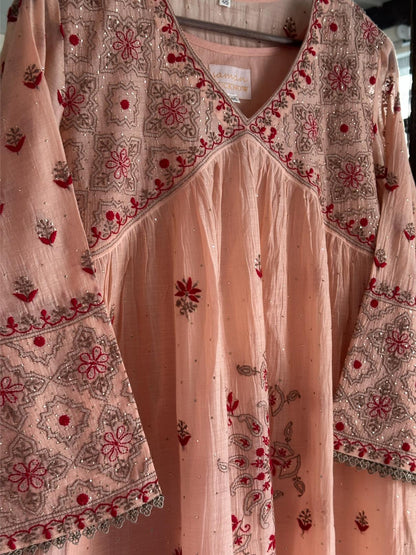 Peach Shade Angi Style Mal Mukaish Kamdani Tux Chikankari Kurta Dupatta Set
