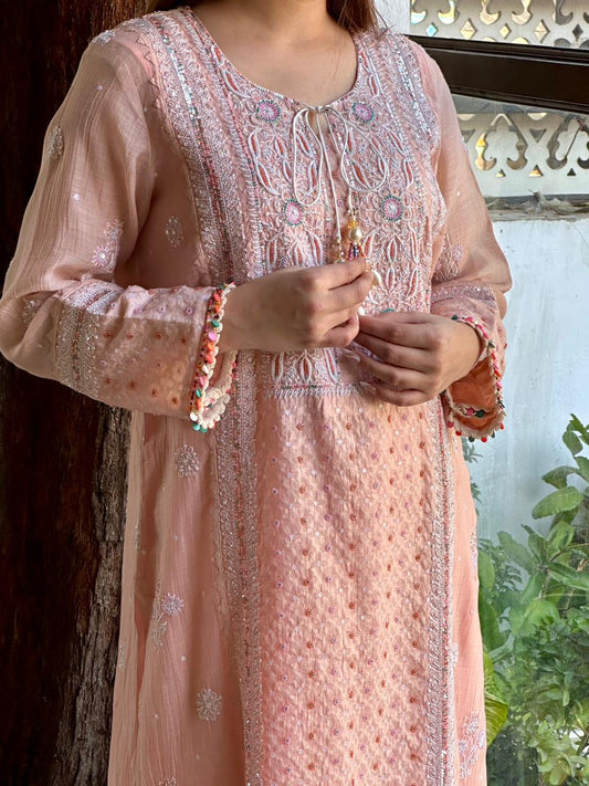 Coral Peach Shade Jacquard Sequins Chikankari Kurta Set